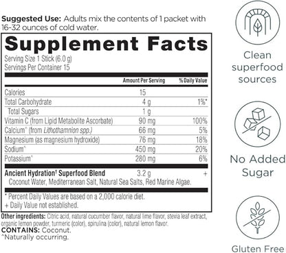 Ancient Nutrition Rapid Hydration Powder, Lemon Lime, Electrolytes from Natural Sea Salts and Red Marine Algae, Supports Rapid Body Hydration and Cellular Health, 15 Servings