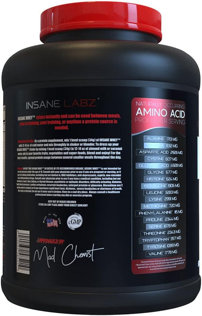Insane Labz Insane Whey,100% Muscle Building Whey Protein, Post Workout, BCAA Amino Profile, Mass Gainer, Meal Replacement, 5lbs, 60 Srvgs, (Strawberries & Cream)