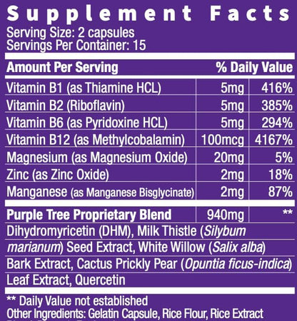 purple tree Post-Celebration Wellness Vitamins | Liver Support, Rapid Hydration, Body Replenisher | Dihydromyricetin DHM, Milk Thistle, Electrolytes, Vitamin B, Willow Bark, Quercetin (30 Pills)