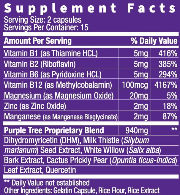 purple tree Post-Celebration Wellness Vitamins | Liver Support, Rapid Hydration, Body Replenisher | Dihydromyricetin DHM, Milk Thistle, Electrolytes, Vitamin B, Willow Bark, Quercetin (30 Pills)