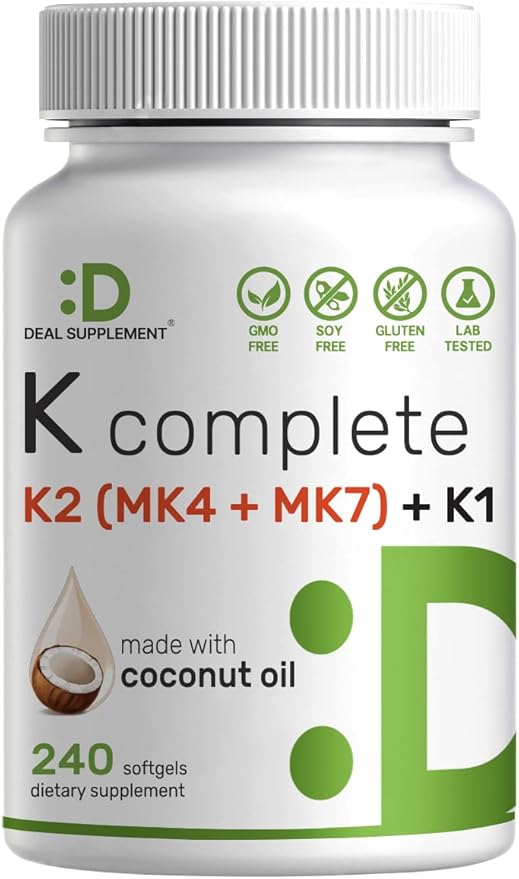 DEAL SUPPLEMENT Premium Vitamin K Complete - High Potency Vitamin K2 (MK-7 and MK-4) & K1, 240 Coconut Oil Infused Softgels - Full Spectrum Triple Vitamin K, Optimal Bone & Heart Health Support