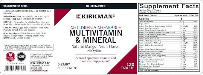 Kirkman - Children's Chewable Multivitamin & Mineral - 120 Tablets - Potent Broad-Spectrum Vitamin/Mineral Supplement - with Xylitol - Natural Mango Peach Flavor