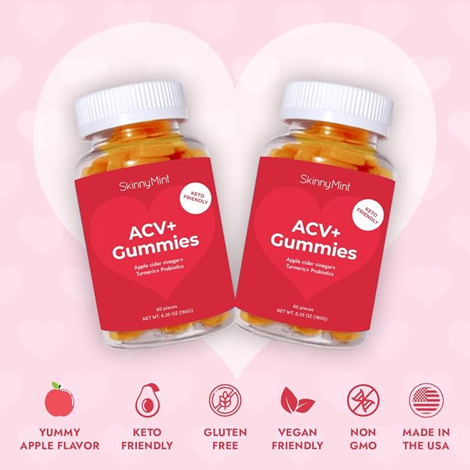 SkinnyMint Super ACV Gummies, 4-in-1 Unique Blend of Apple Cider Vinegar, Probiotics, Turmeric & Ginger to Boost Gut Health and Digestion, Metabolism and Immune Support, 60 Count