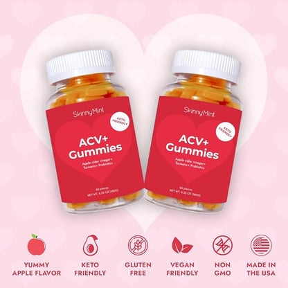 SkinnyMint Super ACV Gummies, 4-in-1 Unique Blend of Apple Cider Vinegar, Probiotics, Turmeric & Ginger to Boost Gut Health and Digestion, Metabolism and Immune Support, 60 Count