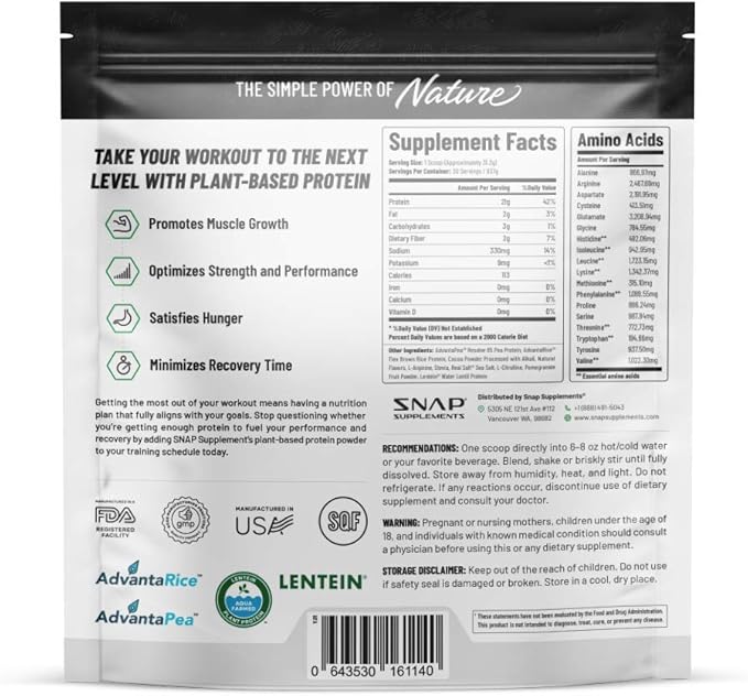 Snap Supplements Organic Plant Based Vegan Protein Powder Nitric Oxide Boosting Protein Powder, BCAA Amino Acid for Muscle Growth, Performance & Recovery - 30 Servings (Chocolate)