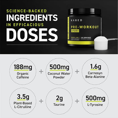 Kaged Pre-Kaged Sport Pre Workout Powder | Mango Lime | Energy Supplement for Endurance | Cardio, Weightlifting Sports Drink | 20 Servings