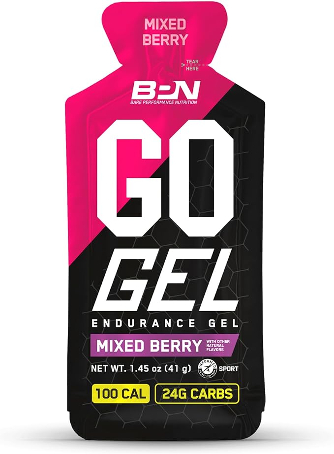 BARE PERFORMANCE NUTRITION, BPN Go Gel Endurance Gel, Vegan + Gluten Free Running Gel with 24g of Carbohydrates & 100 Calories per Gel Pack, 10 Single-Serving Gel Packs, Mixed Berry