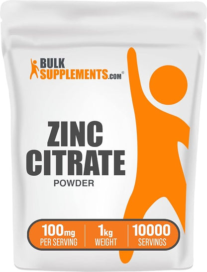 BulkSupplements.com Zinc Citrate Powder - Zinc Supplements, Zinc 30mg - Pure Zinc Citrate for Immune Support - Gluten Free, 100mg per Serving, 1kg (2.2 lbs) (Pack of 1)