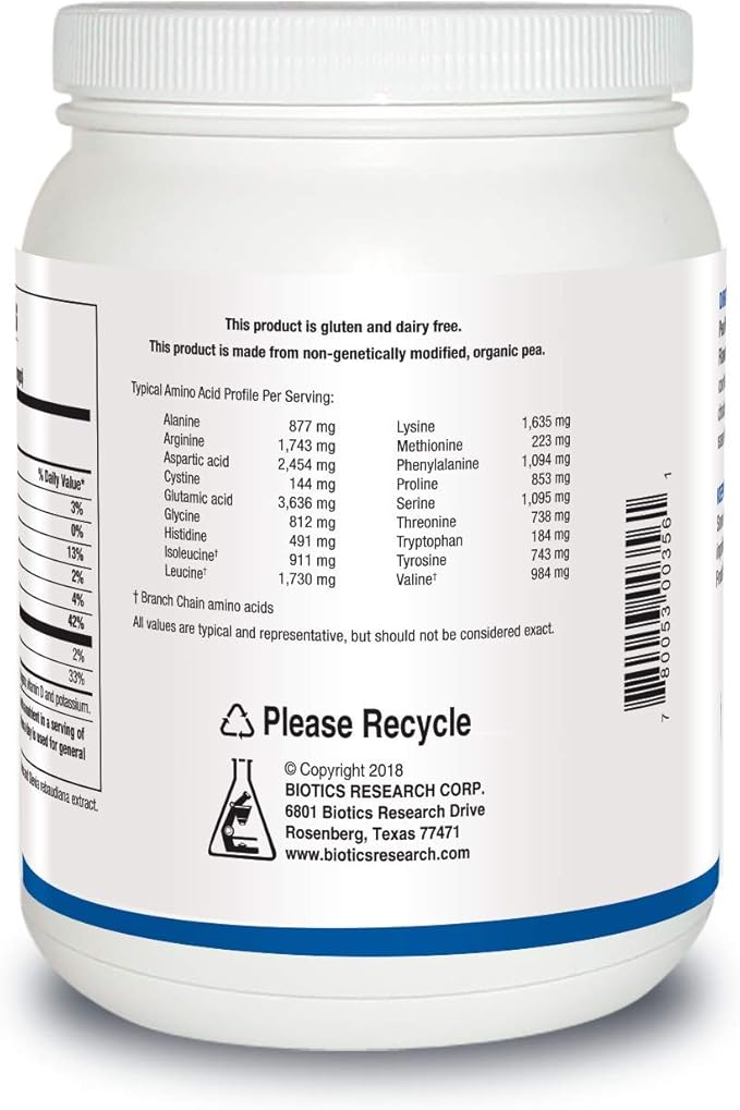 Biotics Research Pea Protein Isolate Natural Vanilla Flavored. Mixes Easily with Water or Juice. Premium Pea Protein. 21 gram Clean Protein per Serving 16 Ounces