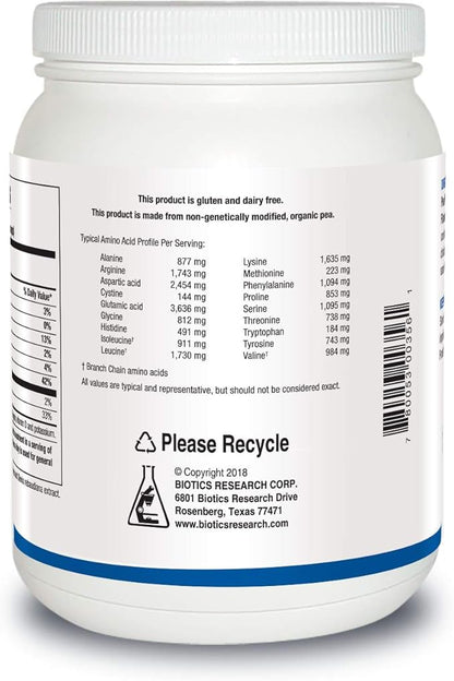 Biotics Research Pea Protein Isolate Natural Vanilla Flavored. Mixes Easily with Water or Juice. Premium Pea Protein. 21 gram Clean Protein per Serving 16 Ounces