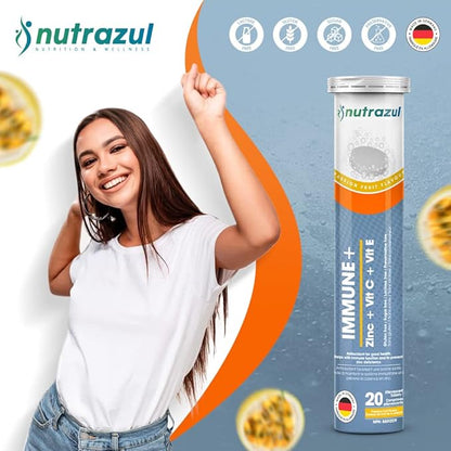 nutrazul Immune+ Effervescent Tablets | Vitamin C and Zinc with Vitamin E | 60 Tablets | Immune Support for Adults & Kids | Ideal for Flu Season Protection | Passion Fruit Flavor