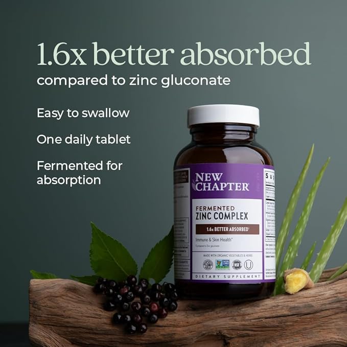 New Chapter Zinc Supplement, Fermented Zinc Complex, ONE Daily for Immune Support + Skin Health, Mineral-Balancing Formula Rich in Copper, Easy to Swallow & Digest, 30 Count (1 Month Supply)