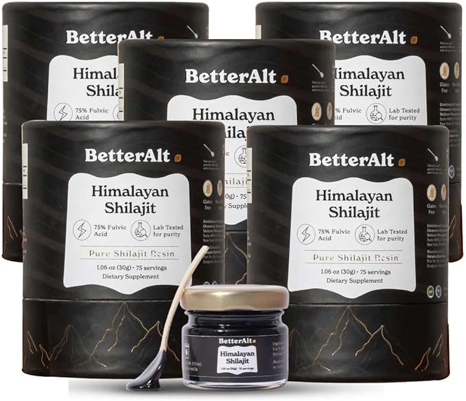 Pure Himalayan Shilajit Resin Pack of 5 High Potency Gold Grade 375 Servings for Energy Boost & Immune Support, 85+ Trace Minerals, 75%+ Fulvic Acid, with Lab Test Report,400 mg