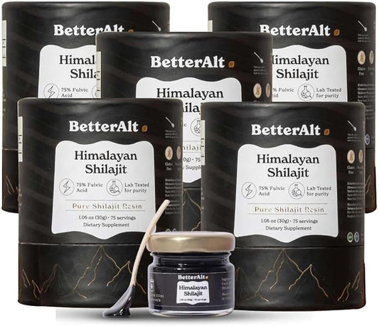 Pure Himalayan Shilajit Resin Pack of 5 High Potency Gold Grade 375 Servings for Energy Boost & Immune Support, 85+ Trace Minerals, 75%+ Fulvic Acid, with Lab Test Report,400 mg