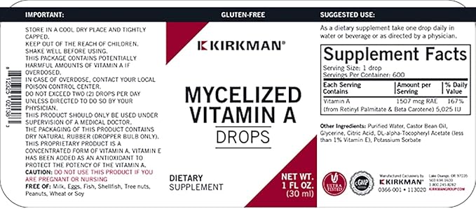 Kirkman - Mycelized Vitamin A Liquid - 30ml - Essential Vitamin - Supports Immune Health - Hypoallergenic