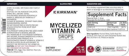 Kirkman - Mycelized Vitamin A Liquid - 30ml - Essential Vitamin - Supports Immune Health - Hypoallergenic