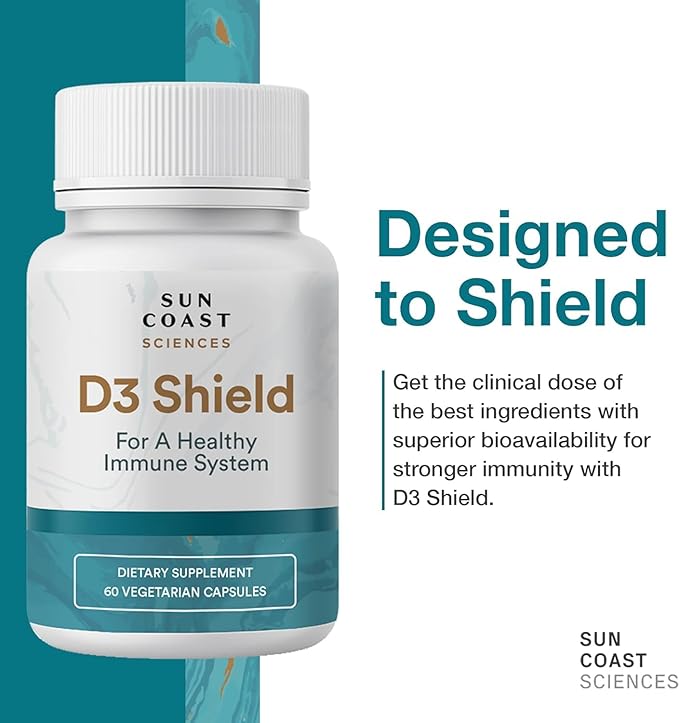 Sun Coast Science Sciences D3 Shield - Vitamin D3 5000 IU for Immune Support and Bone Health 60 Vegetarian Capsules K2 with 180mg Calcium Carbonate Maximum Absorption