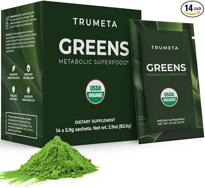 Greens Powder Travel Packs - 14 Servings for Memory, Digestion I Best Taste Super Greens Powder with Organic Spirulina, Goji, Beetroot, Pomegranate I Vegan, Non-GMO