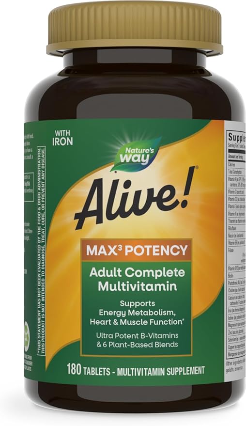 Nature's Way Alive! Max3 Potency Adult Complete Multivitamin, Ultra Potency B-vitamins to Support Energy Metabolism*, with Methylated B12 and Folate, 180 Tablets (Packaging May Vary)
