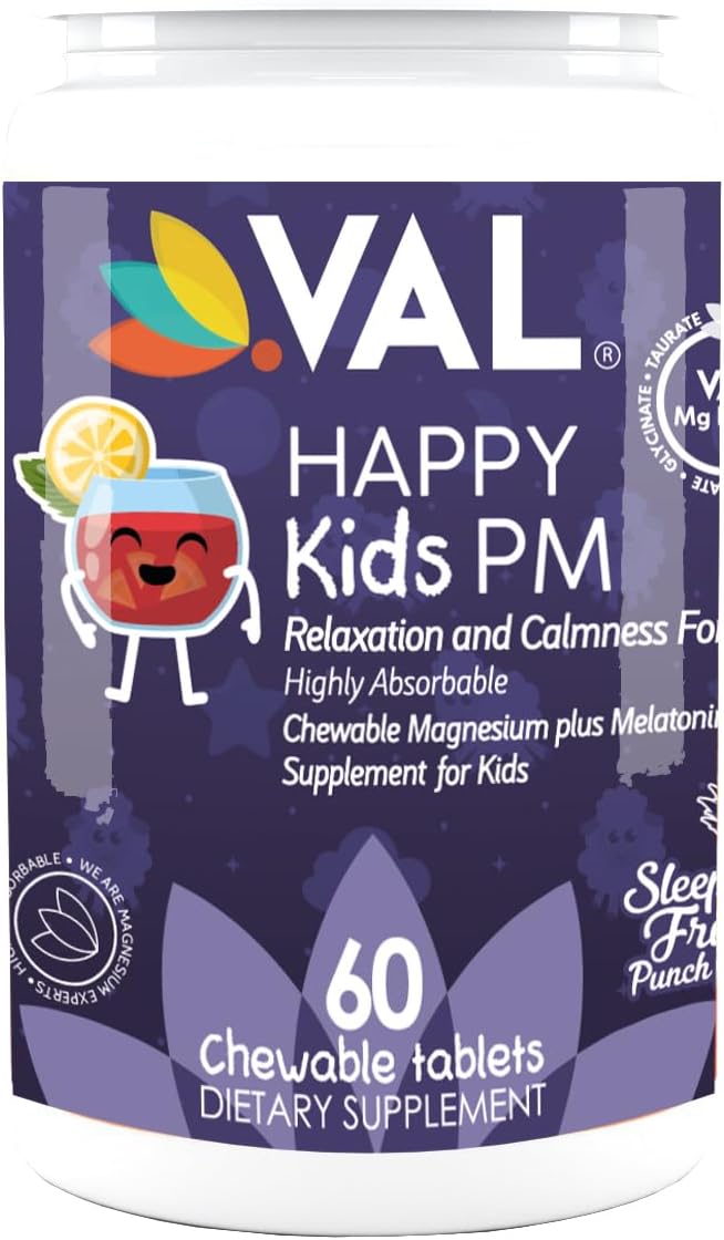 VAL Kids Melatonin Plus Magnesium, B6, Vitamin C, Bedtime Routine Supplement, Children’s Relaxation and Sleep Support for Kids 4+, Drug Free, Sugar Free, Natural Fruit Punch Flavor, 60 Chew Tabs