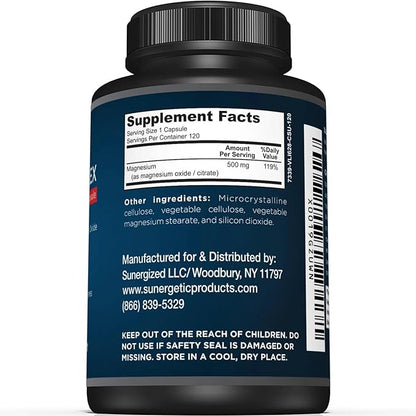 Premium Magnesium Citrate Capsules – Powerful 500mg Magnesium Oxide & Citrate Supplement – Helps Support Healthy Bones, Muscles, Teeth, Energy & Relaxation – 120 Vegetable Capsules