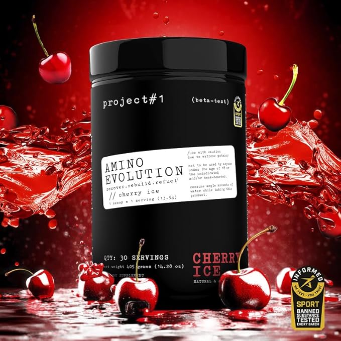 Project #1 AminoEVolution: Muscle Support & Recovery | BCAA's, EAA's, Electrolytes Powder | Keto-Friendly Energy Boost | Pre Workout for Men & Women | 30 Servings - Cherry Ice | Amino Acids
