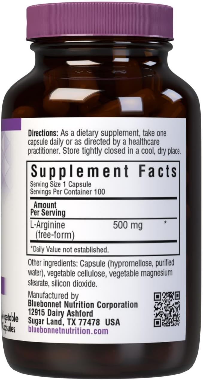 Bluebonnet Nutrition L-Arginine 500mg, Free-Form Amino Acid, Nitric Oxide Precursor*, Soy-Free, Gluten-Free, Non-GMO, Kosher Certified, Vegan, 100 Vegetable Capsules, 100 Servings, White