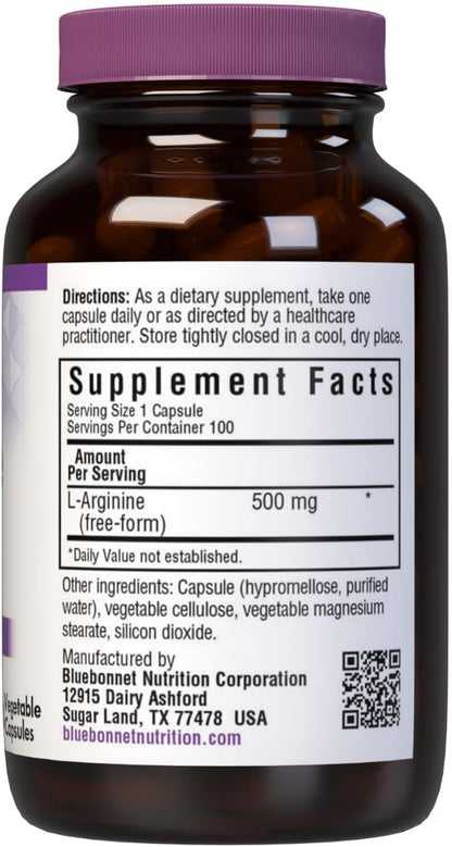 Bluebonnet Nutrition L-Arginine 500mg, Free-Form Amino Acid, Nitric Oxide Precursor*, Soy-Free, Gluten-Free, Non-GMO, Kosher Certified, Vegan, 100 Vegetable Capsules, 100 Servings, White