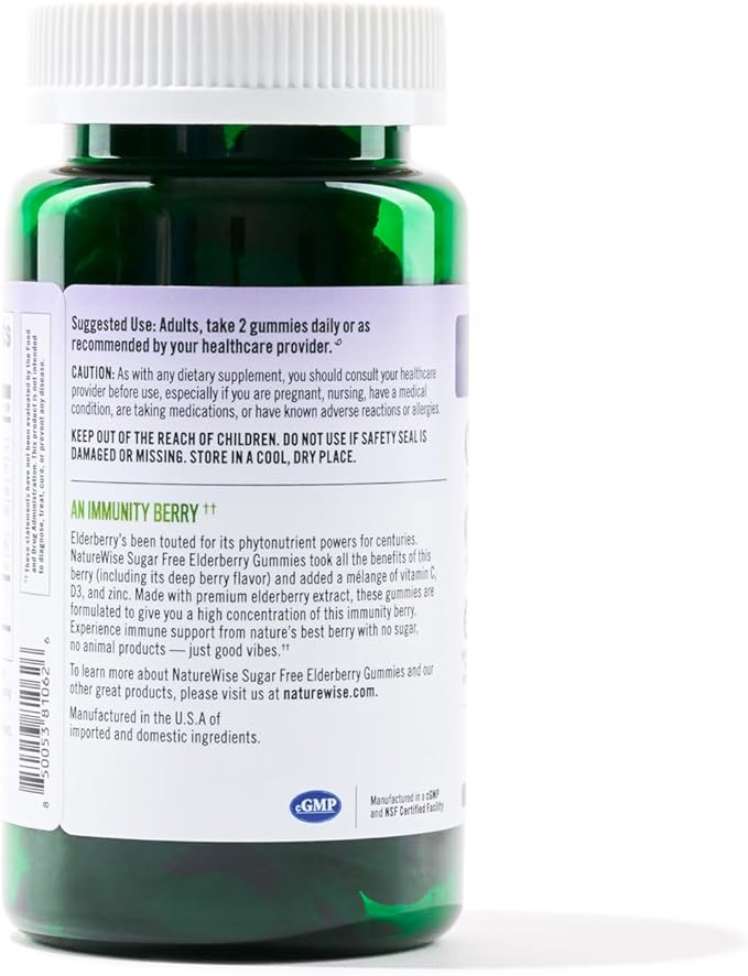 NatureWise Sambucus Elderberry Gummies - Sugar-Free - Daily Immune Support Supplement for Kids and Adults*, with Vitamin C, D3, Zinc - Vegan, Gluten Free, Non-GMO - 60 Count[1-Month Supply]