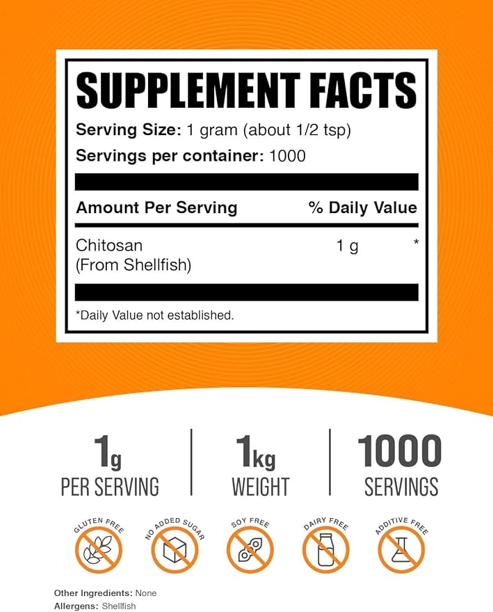 BulkSupplements.com Chitosan Powder - Chitosan 1000mg, Chitosan Supplements - Food Grade, Gluten Free & Soy Free, 1000mg per Serving, 1kg (2.2 lbs) (Pack of 1)