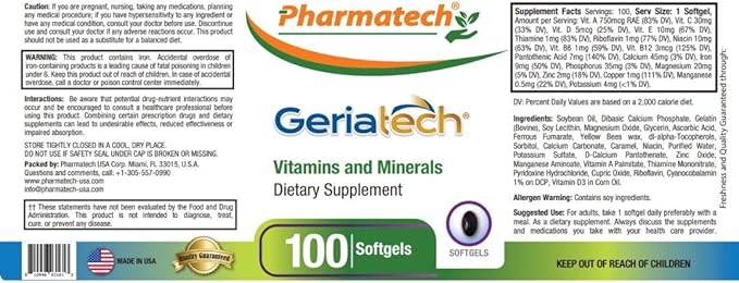 Senior multivitamins, Vitamins and Minerals Supplement, Women and Men Over 60, with Vitamin B12, Easy to Swallow, 100 softgels, by Pharmatech®