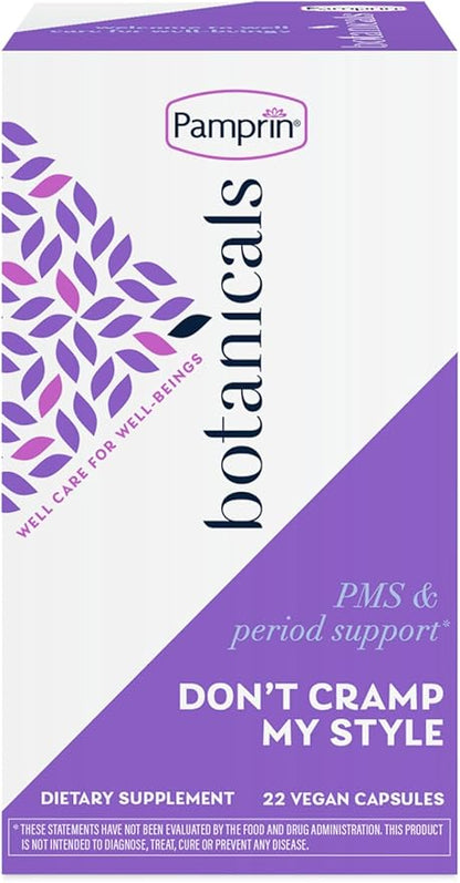 Pamprin Botanicals Supplement for PMS & Period Support, with Ashwagandha, Magnesium, Turmeric, Vitamin B6, Chasteberry, 22 Count