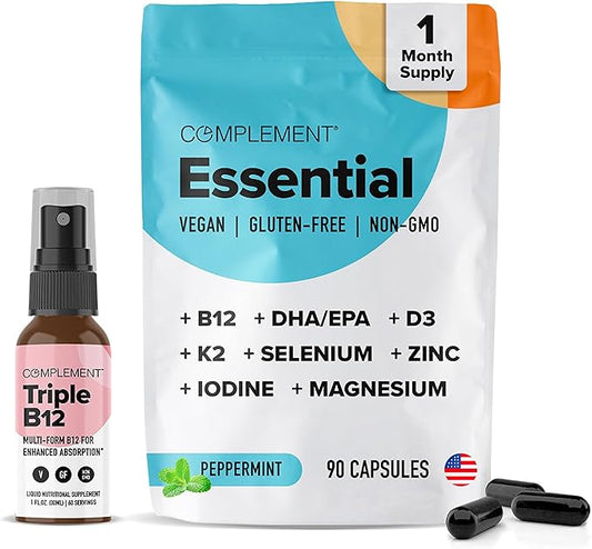 Complement Bundle- Vegan Multivitamin (90 Capsules) & Triple B12 Spray (60 Servings) - Complete Nutrition with Omega 3, Vitamins D3 K2, Zinc, Magnesium & Raspberry- Flavored B12 for Energy & Health