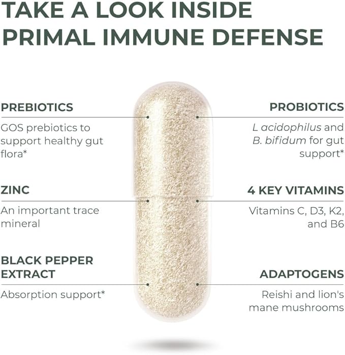 Primal Harvest Primal Immune Defense 10 in 1 Immune Support Supplement 60 Capsules Immune Vitamins, with 7 Billion CFU Pre and Probiotics, Zinc, VIT C, B6, D3, K2 - Immune Boosters for Adults
