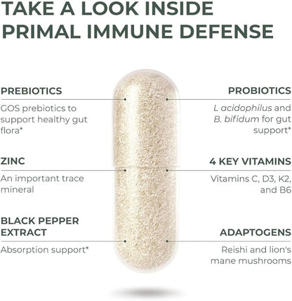 Primal Harvest Primal Immune Defense 10 in 1 Immune Support Supplement 60 Capsules Immune Vitamins, with 7 Billion CFU Pre and Probiotics, Zinc, VIT C, B6, D3, K2 - Immune Boosters for Adults