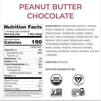 Organic Functional Mushroom Protein Bars | Full Dose (1500mg) Lions Mane, Chaga, Reishi & Cordyceps Bars | Vegan Protein Bars, Adaptogens, Superfoods Protein Bars | Peanut Butter Chocolate Flavor