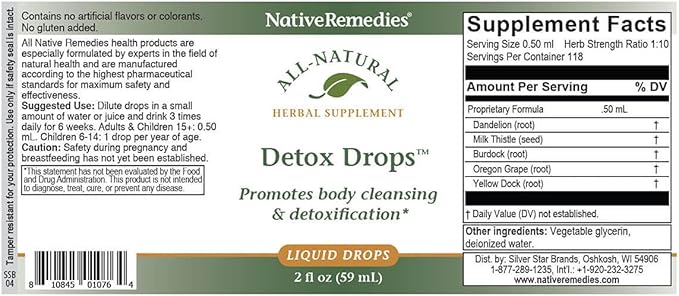 Native Remedies Detox Drops - All Natural Herbal Supplement Promotes Systemic Body Cleansing, Toxin Release and Liver Function and Detoxification - 59 mL