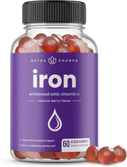 Iron Gummies with Vitamin C | 20mg Iron Gummies for Women, Men & Kids | Blood Cell Formation Support | 60 Gummies | Vegan Iron Gummy for Iron Deficiency & Anemia | Energy, Focus, Immune Boost