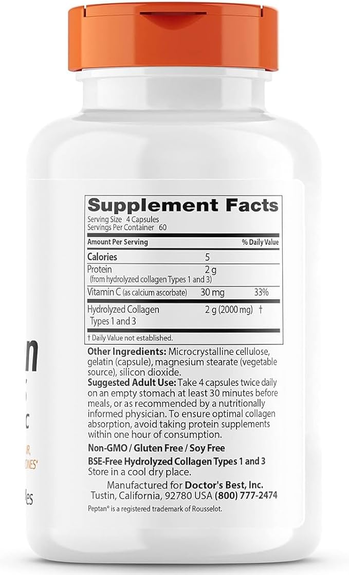 Doctor's Best Collagen Types 1 & 3 with Vitamin C, Non-GMO, Gluten Free, Soy Free, Supports Hair, Skin, Nails, Tendons & Bones, 500 mg, 240 Caps (DRB-00263)