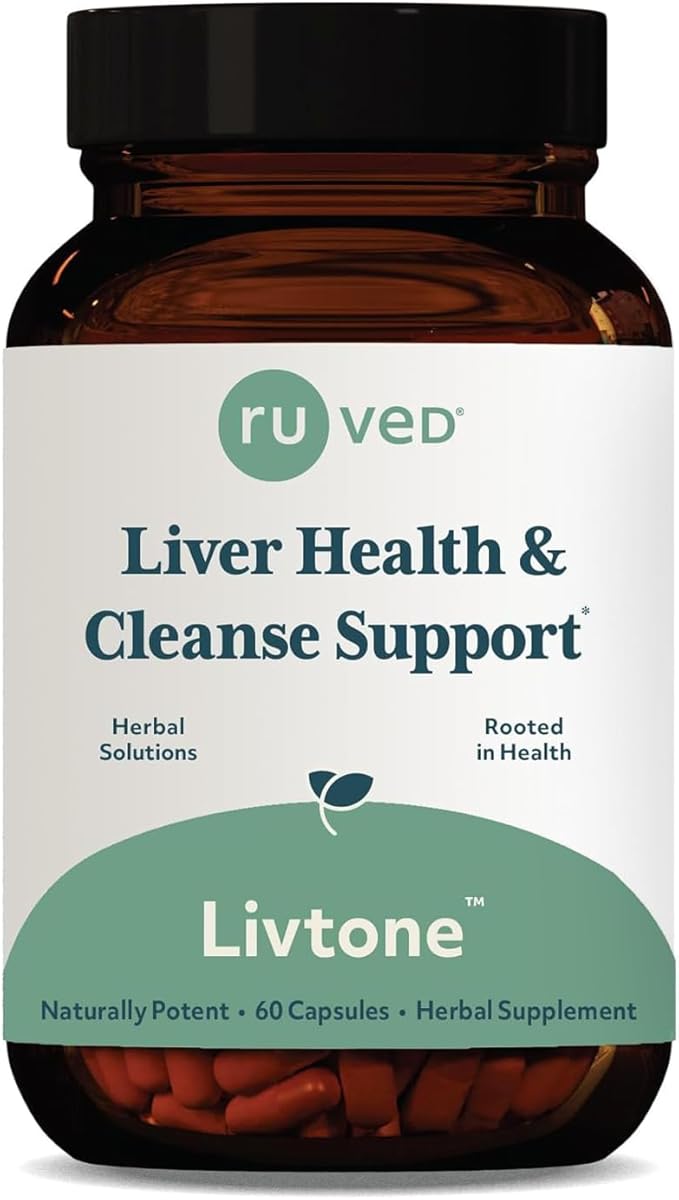 Ruved Livtone, Powerful Doctor-Formulated Liver Support with Berberine, Andrographis and Amla, Ayurvedic Herbal Supplement for Detoxification and Gastrointestinal Health, 60 Vegetarian Capsules