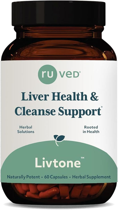 Ruved Livtone, Powerful Doctor-Formulated Liver Support with Berberine, Andrographis and Amla, Ayurvedic Herbal Supplement for Detoxification and Gastrointestinal Health, 60 Vegetarian Capsules