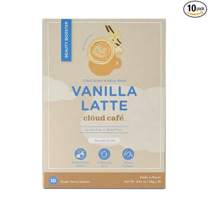 Collagen Infused Vanilla Latte Instant Coffee Packets - Hyalruonic Acid, Multivitamin Powder, & Marine Collagen Single Serve Instant Coffee (10 Sachets)