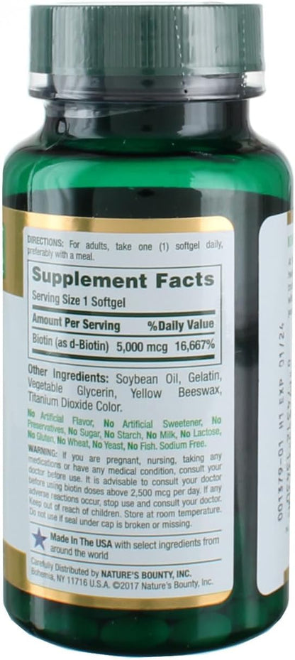 Nature's Bounty Super Potency Biotin 5000mcg - 72 softgels (Pack of 2)