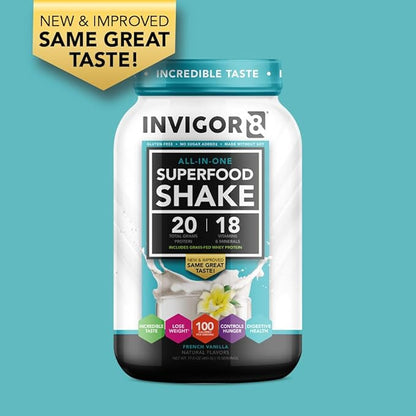 INVIGOR8 Superfood Grass Fed Whey Protein Isolate Shake French Vanilla Gluten-Free and Non GMO Meal Replacement with Probiotics and Omega 3 (483g)