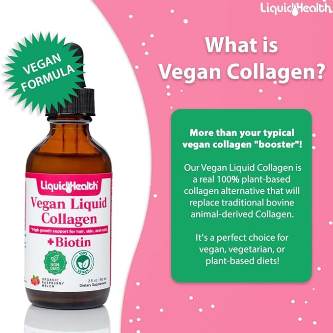 LIQUIDHEALTH 100% Vegan Collagen Plus Biotin 100,000mcg Liquid Drops - Plant-Based Liquid Collagen for Women, Men - Hair & Nail Growth, Skin Health, Boosts Metabolism - Non-GMO, Sugar Free (2 Pack)