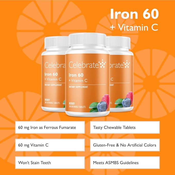 Celebrate Vitamins Iron Supplement with Vitamin C - 60mg Iron, 60mg Vitamin C, Bariatric Vitamins for WLS Patients, Vertical Sleeve & Gastric Bypass Surgery - Berry, 90 Chewable Tablets