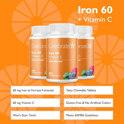 Celebrate Vitamins Iron Supplement with Vitamin C - 60mg Iron, 60mg Vitamin C, Bariatric Vitamins for WLS Patients, Vertical Sleeve & Gastric Bypass Surgery - Berry, 90 Chewable Tablets