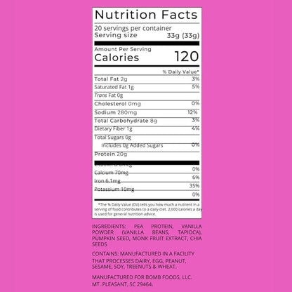 The Bomb Co. Bomb Plant Protein, Protein Powder with 20g Protein, Amino Acids, Zero Sugar, Pea Protein, Chia Seeds, Pumpkin Seeds, Vanilla & Monk Fruit, Gluten Free, Vanilla Flavor, 20 Srvgs