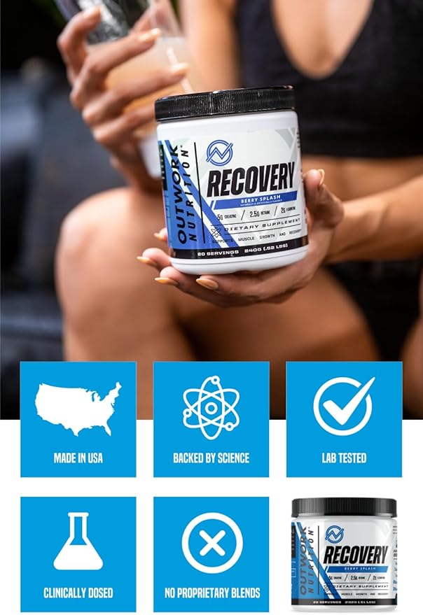 Outwork Nutrition Recovery Supplement, Post Workout Recovery Powder & Muscle Builder for Men and Women, Recharge Muscles After Gym, Backed by Science, Berry Splash, 240 Gr