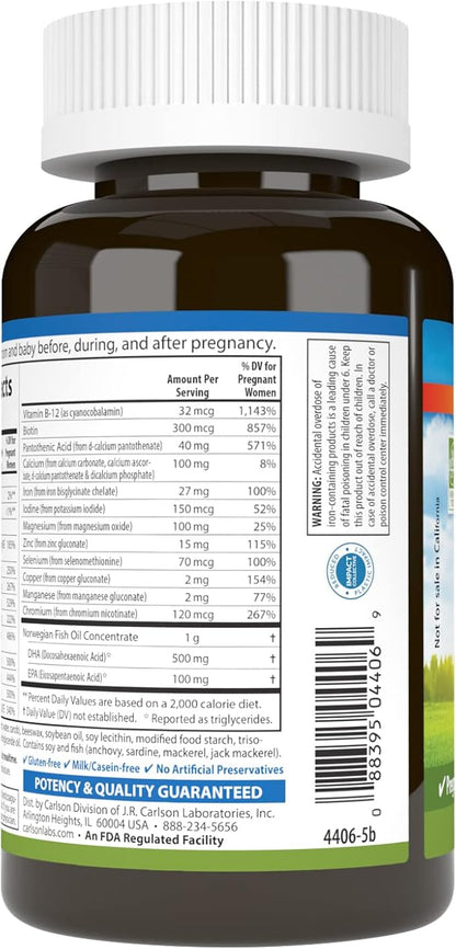 Carlson - Prenatal, Multiple with DHA & Vitamin D3, Pregnancy Health, Fetal Development & Immune Support, 60 Softgels